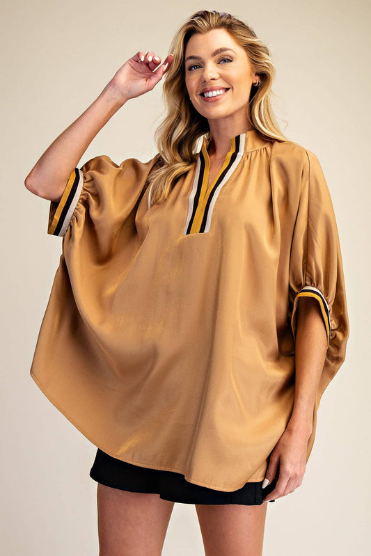 V-Neck Band Oversize Shirts: Camel / S