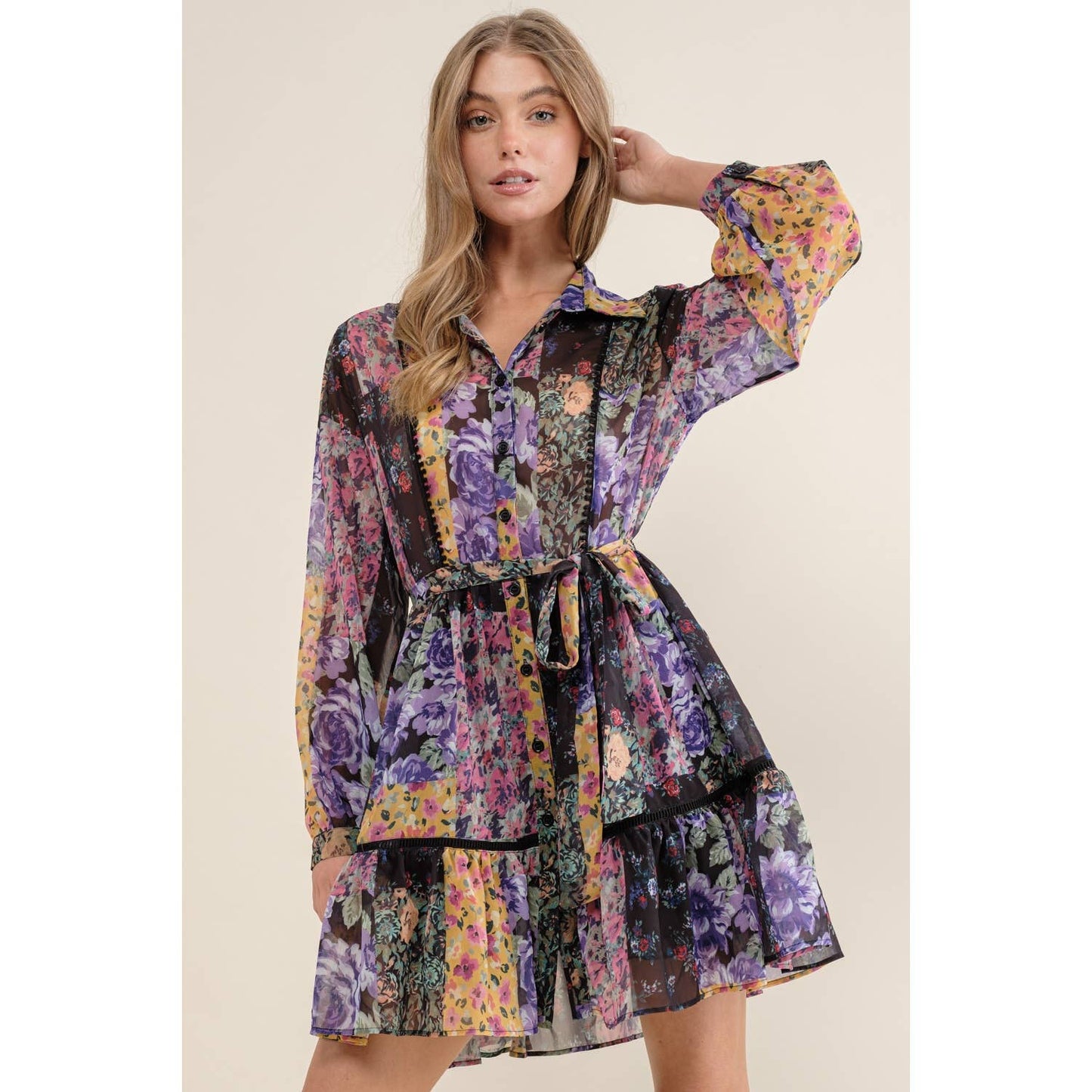 FLOWER PRINT LONG SLEEVE SHIRT DRESS: Blush Multi / L