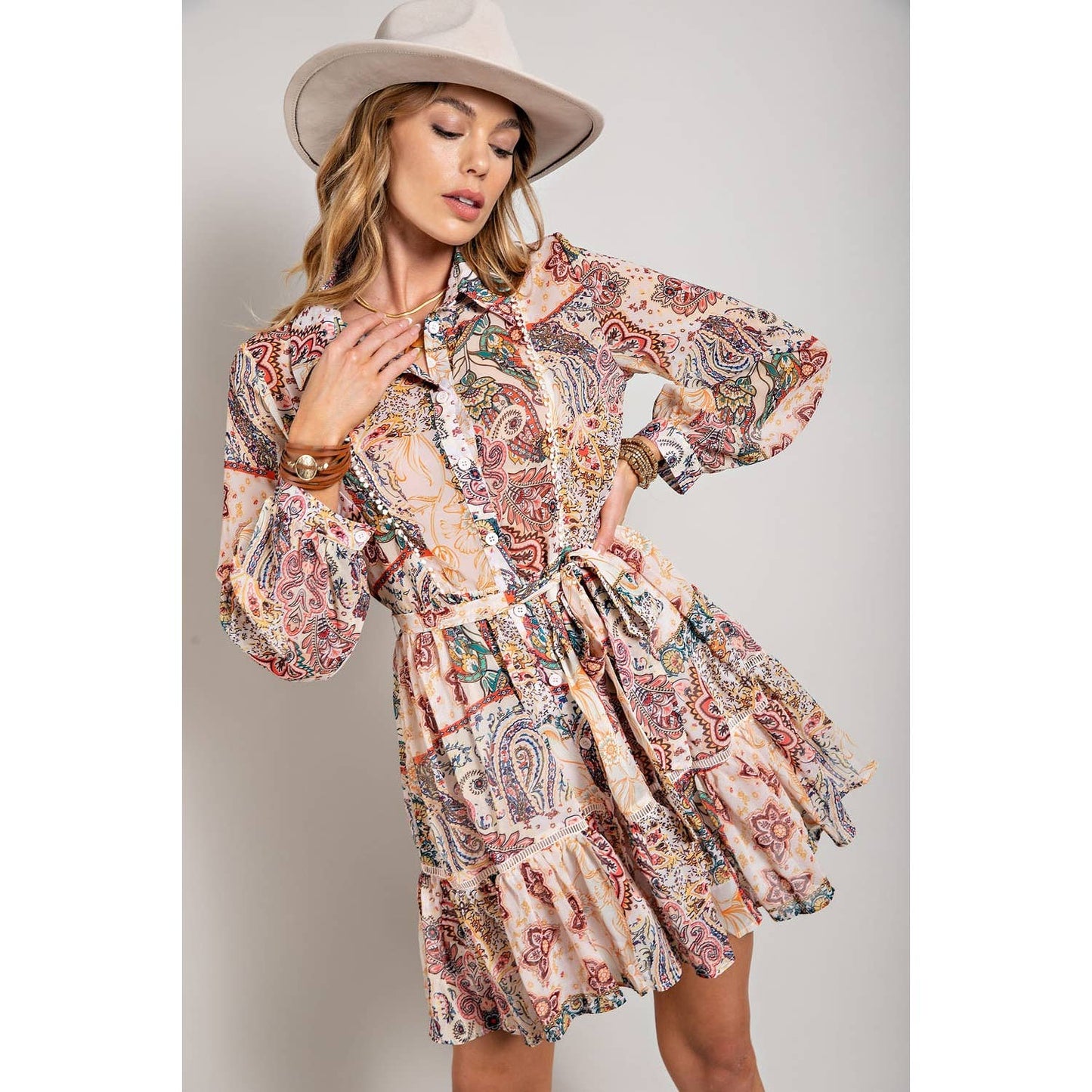 FLOWER PRINT LONG SLEEVE SHIRT DRESS: Blush Multi / S