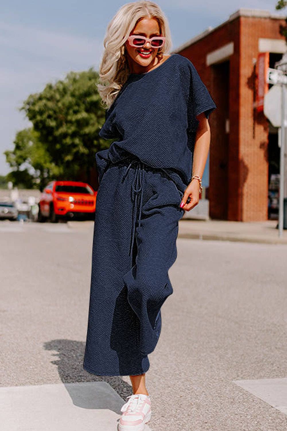 Navy Blue Textured Loose Fit Shirt and Drawstring Pants Set