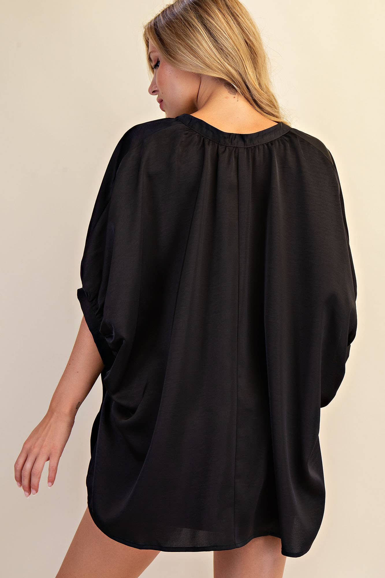 V-Neck Placket Oversized Satin Top: Burgundy / M