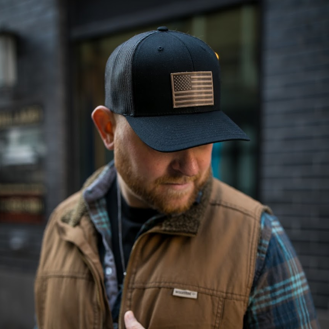 American Flag Hat | Leather Patch Trucker Hat: Navy