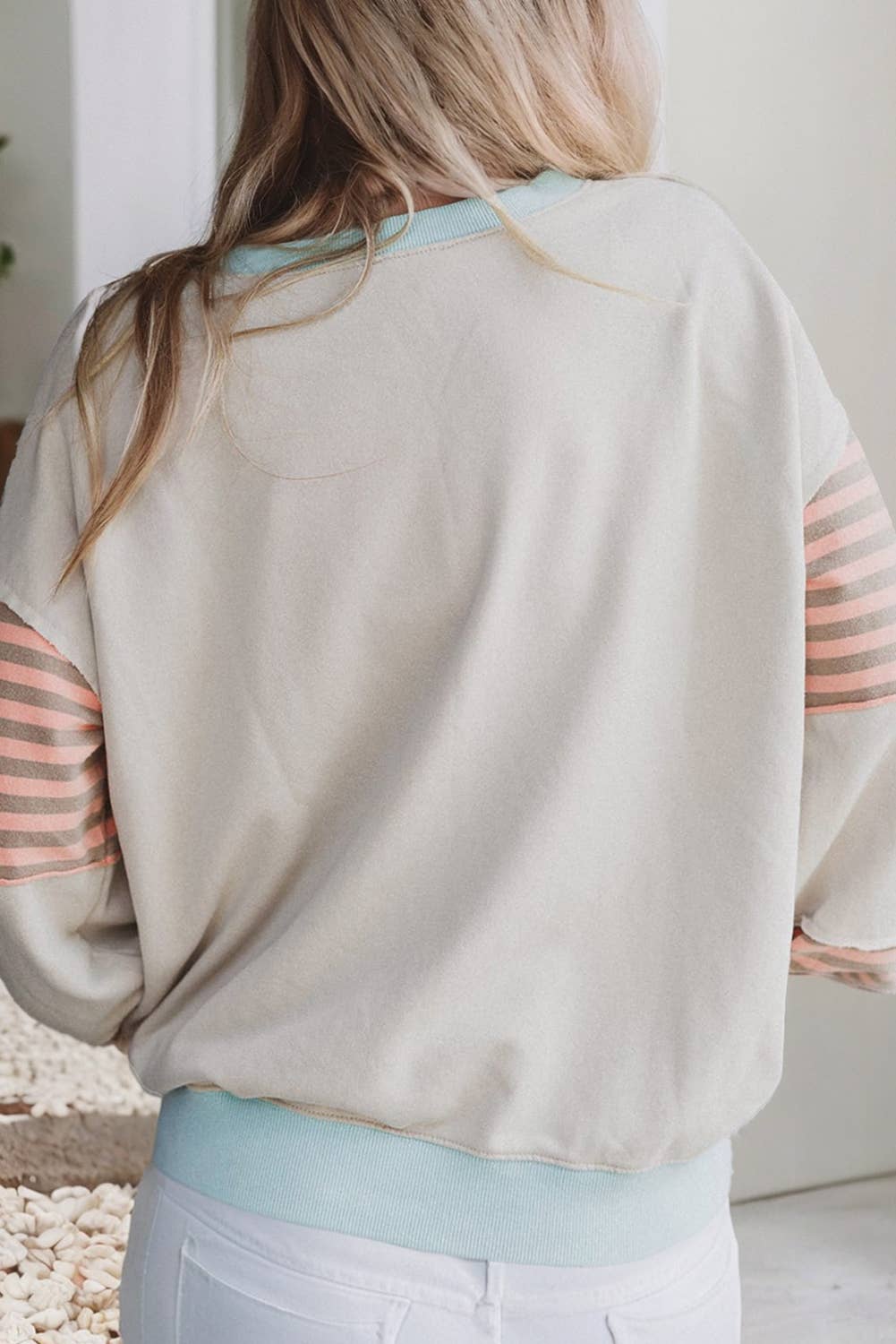 LDC Striped Colorblock Patchwork Drop Shoulder Sweatshirt: Delicacy / S