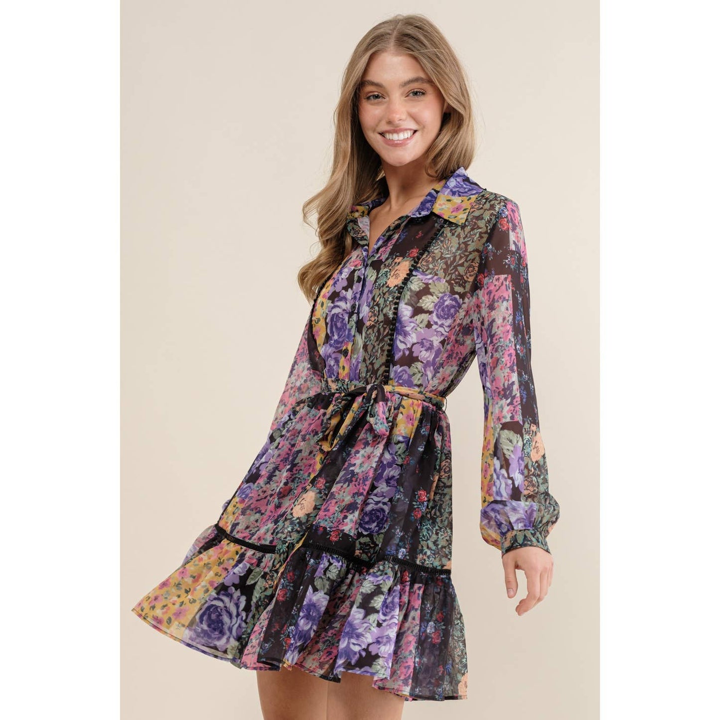 FLOWER PRINT LONG SLEEVE SHIRT DRESS: Blush Multi / L