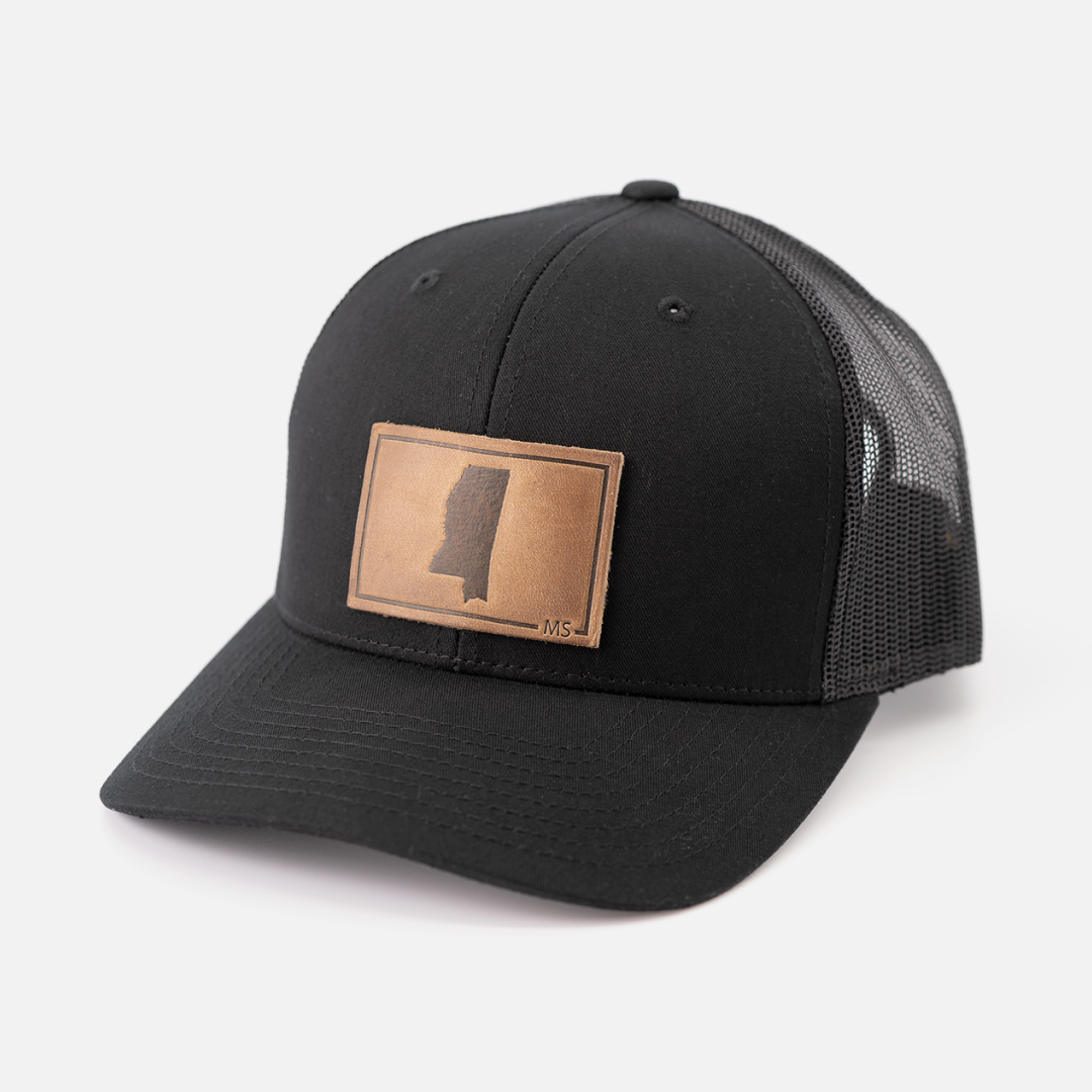 Mississippi Silhouette Hat | Leather Patch Trucker Hat: Navy
