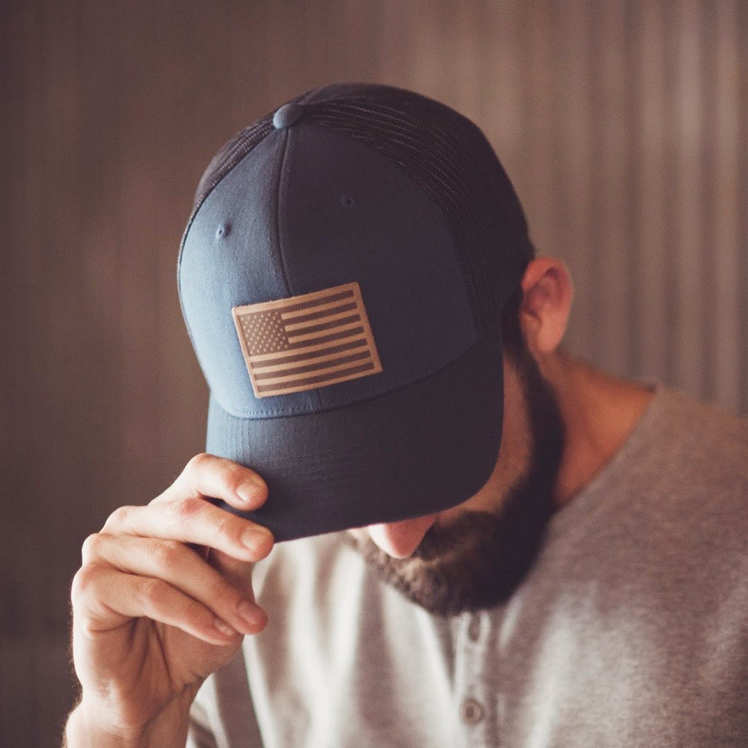 American Flag Hat | Leather Patch Trucker Hat: Navy