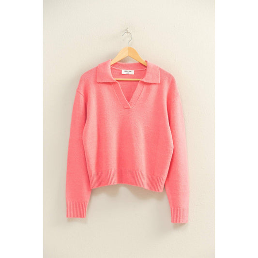 Collared V Neck Sweater: TAFFY PINK
