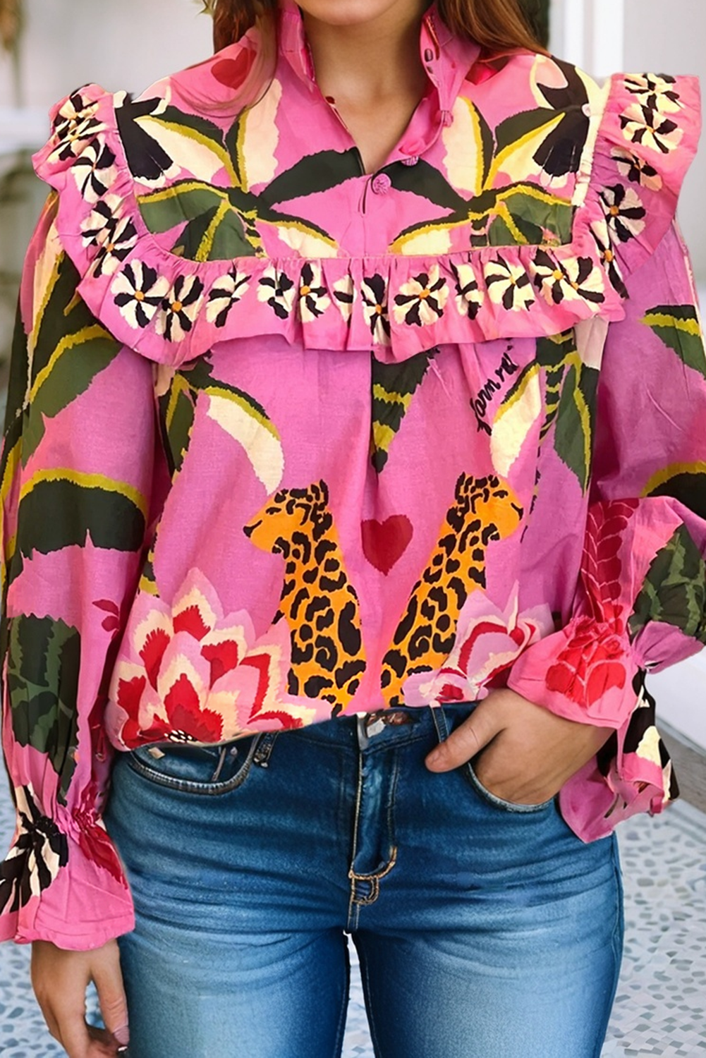 Leopard Print Floral Forest Shirt: Rose