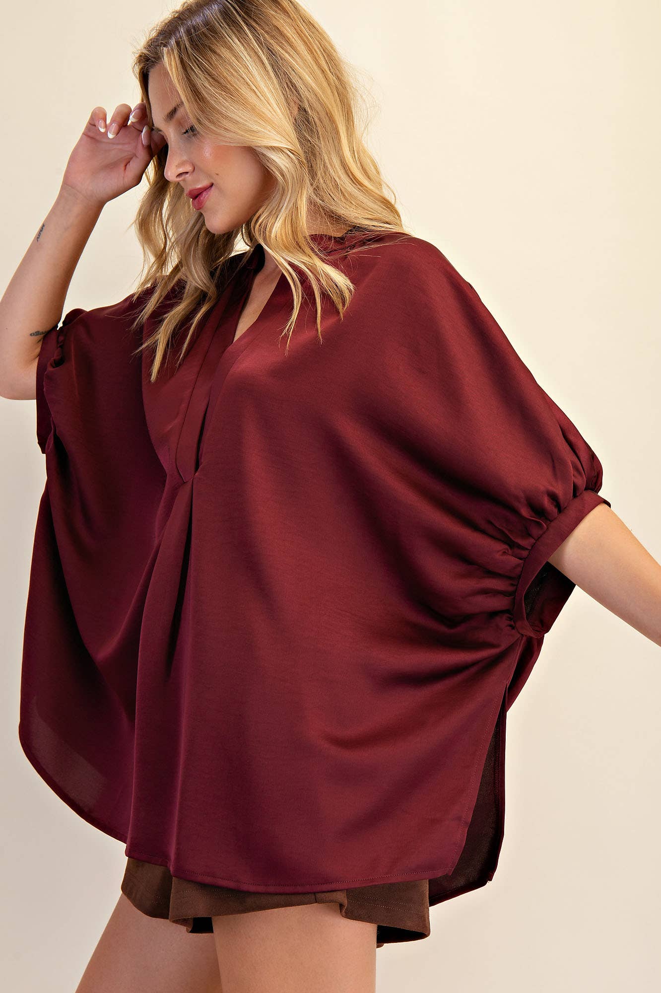 V-Neck Placket Oversized Satin Top: Olive / L