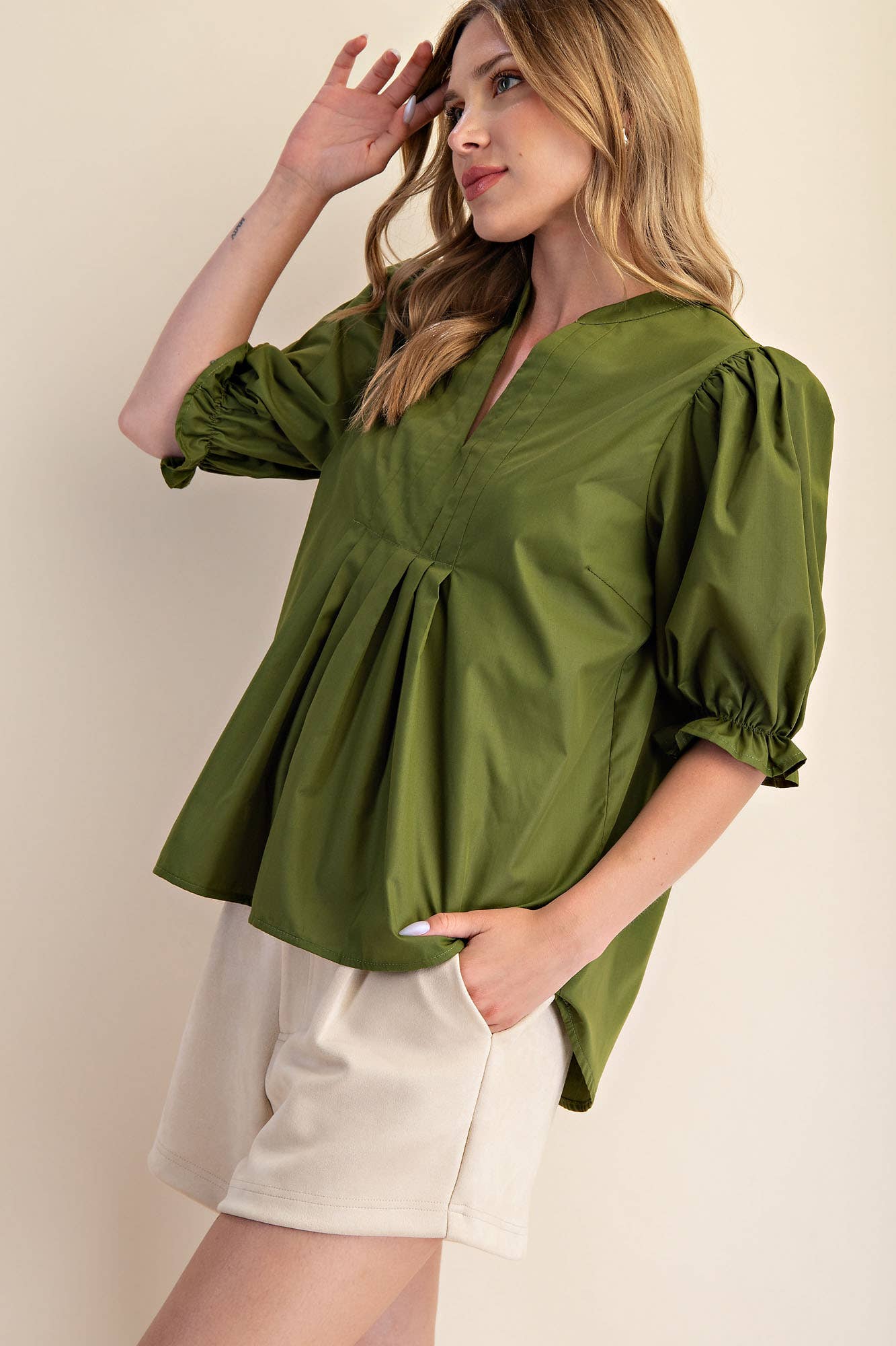 V-Neck Puff Sleeve Top: Olive
