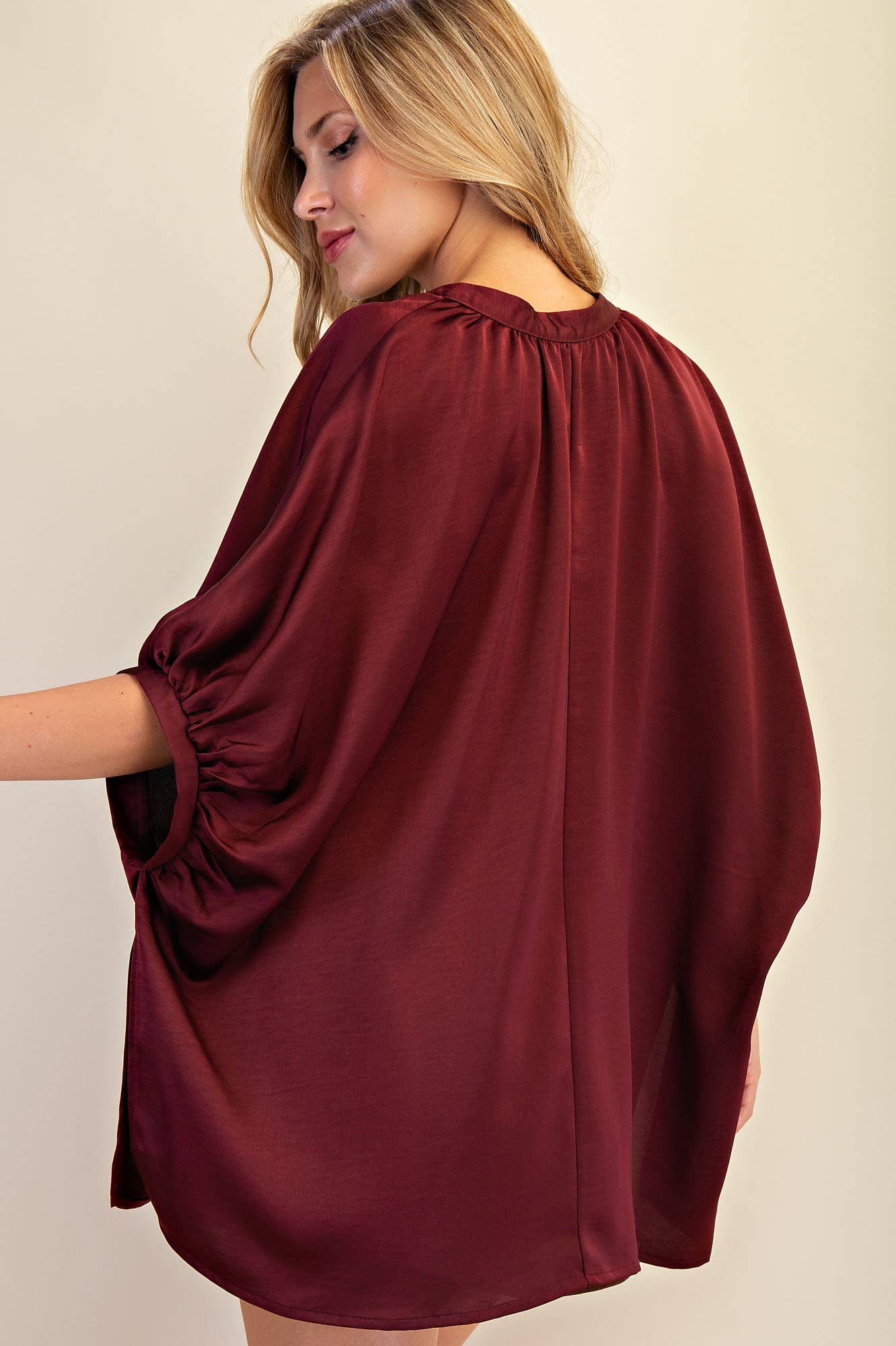 V-Neck Placket Oversized Satin Top: Burgundy / M
