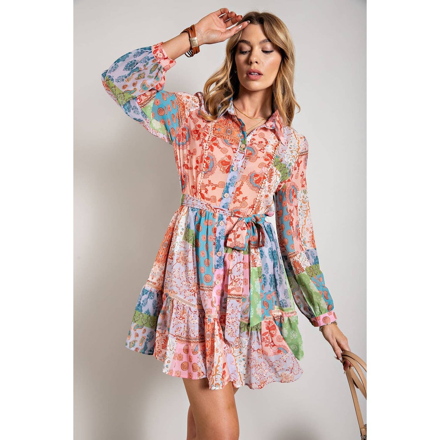 FLOWER PRINT LONG SLEEVE SHIRT DRESS: Blush Multi / L