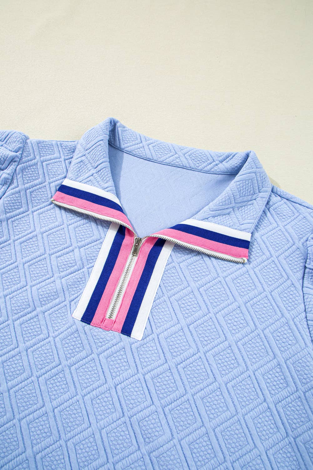Striped Trim Zipped Stand Collar Puff Sleeve Plus Size Dress: Blue / Plus Size / 1X