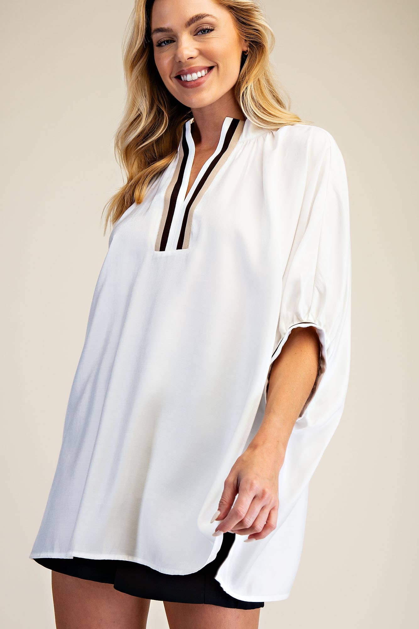 V-Neck Band Oversize Shirts: Camel / L