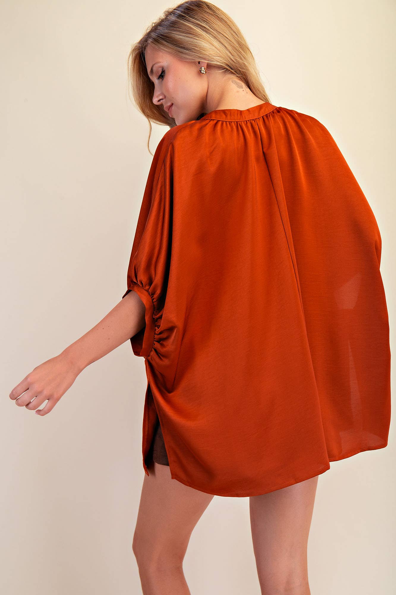 V-Neck Placket Oversized Satin Top: Olive / L