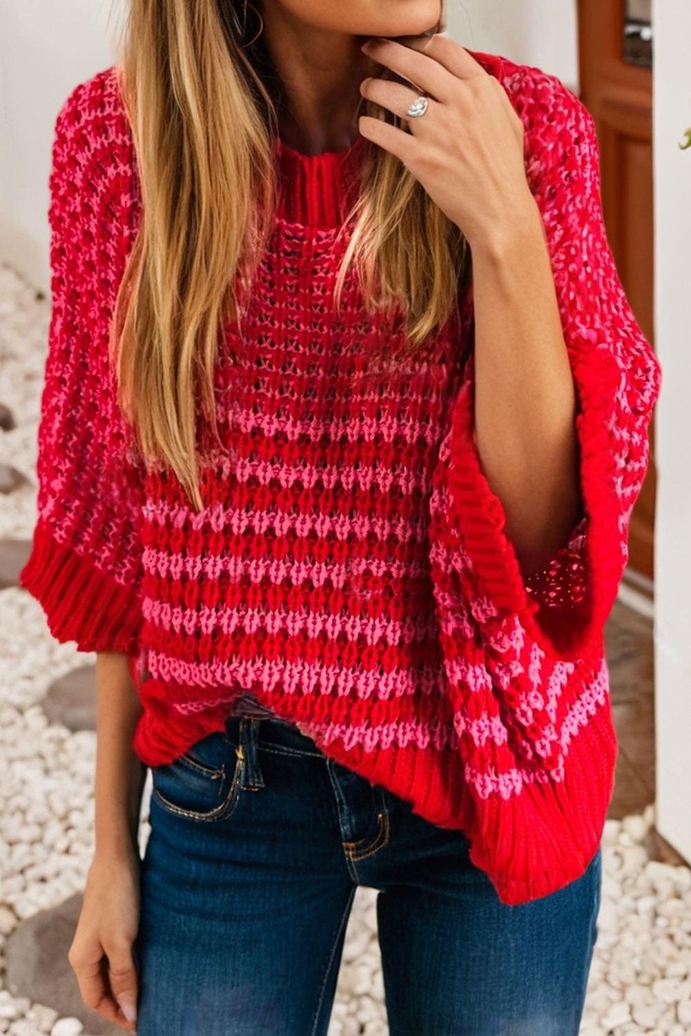 LDC 3/4 Draped Sleeve Slouchy Sweater: Red Stripe / XL