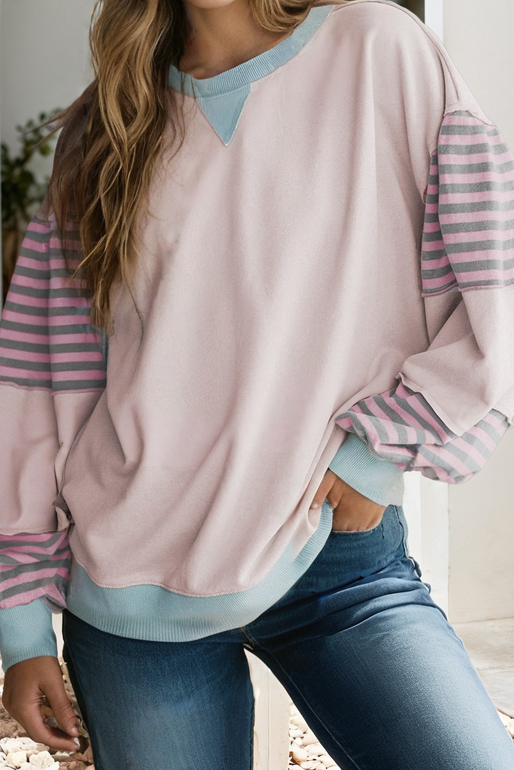 LDC Striped Colorblock Patchwork Drop Shoulder Sweatshirt: Delicacy / S