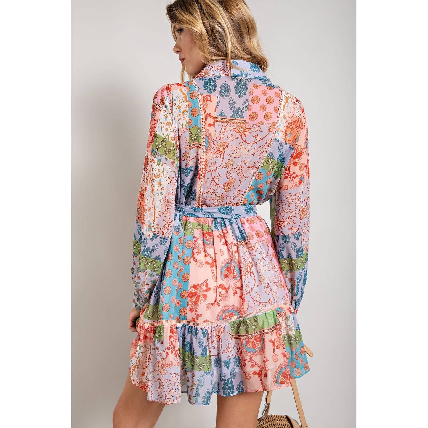 FLOWER PRINT LONG SLEEVE SHIRT DRESS: Blush Multi / L