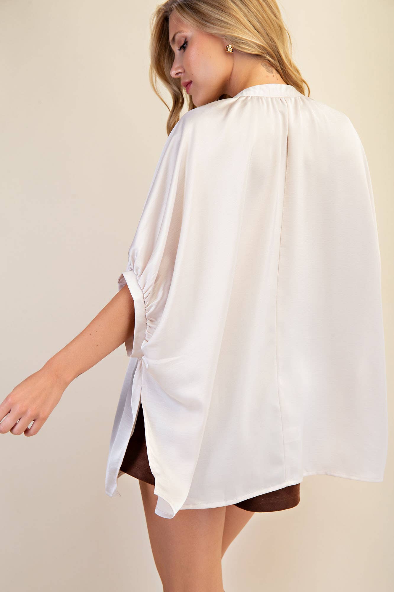 V-Neck Placket Oversized Satin Top: Olive / L