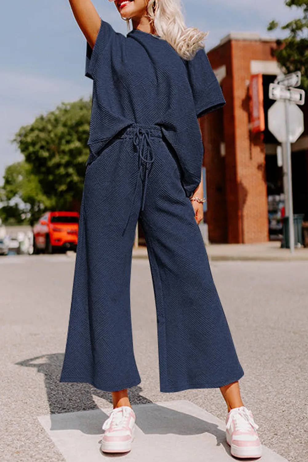 Navy Blue Textured Loose Fit Shirt and Drawstring Pants Set