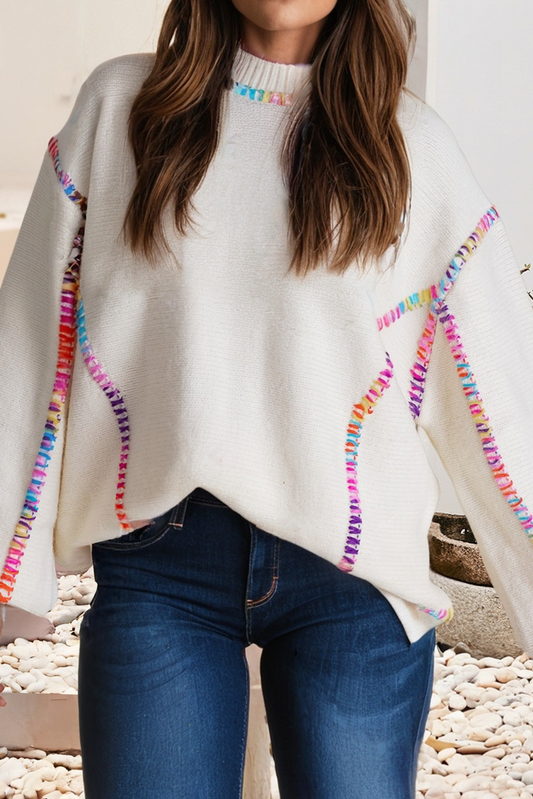 LDC Color Block Stitching Bishop Sleeve Round Neck Sweater: White / XL