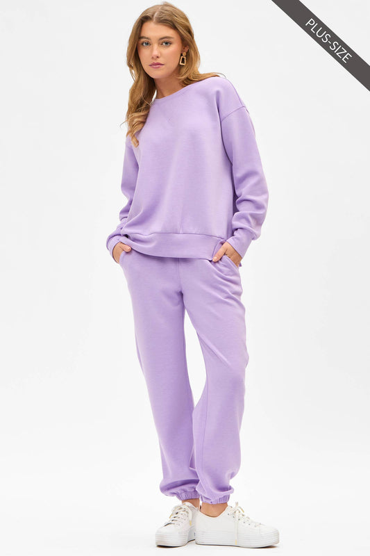 PLUS SIZE Crew Neck Pullover + Jogger Set TRVSET-MALIBUP: LILAC / 3X