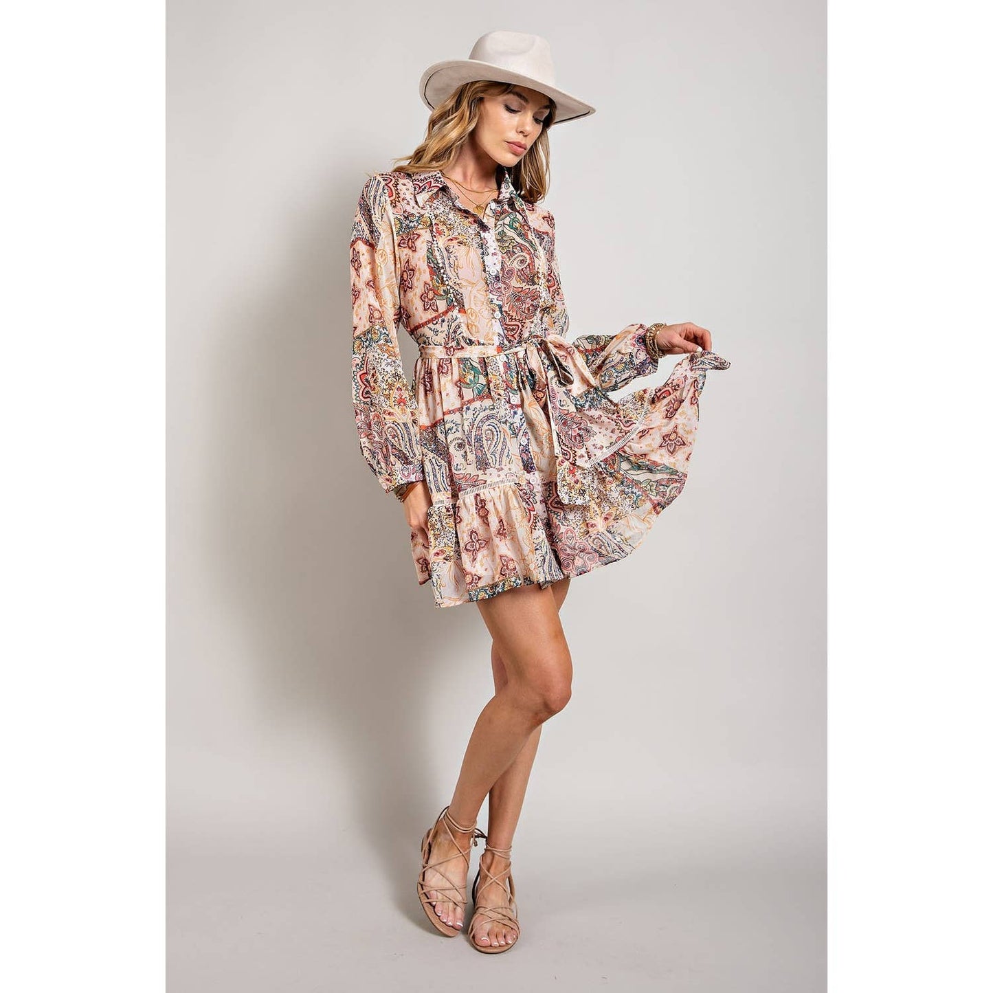 FLOWER PRINT LONG SLEEVE SHIRT DRESS: Blush Multi / L