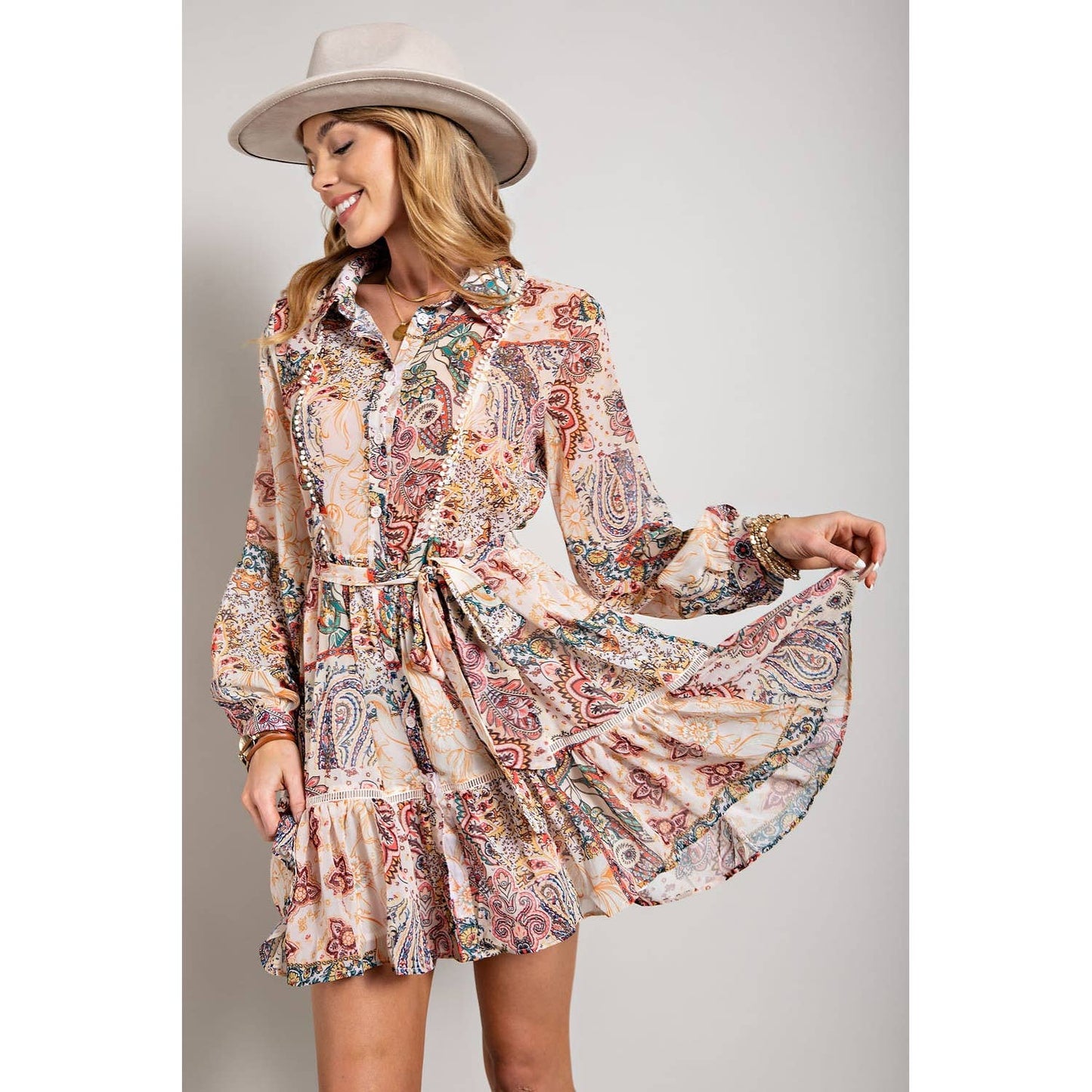FLOWER PRINT LONG SLEEVE SHIRT DRESS: Blush Multi / L