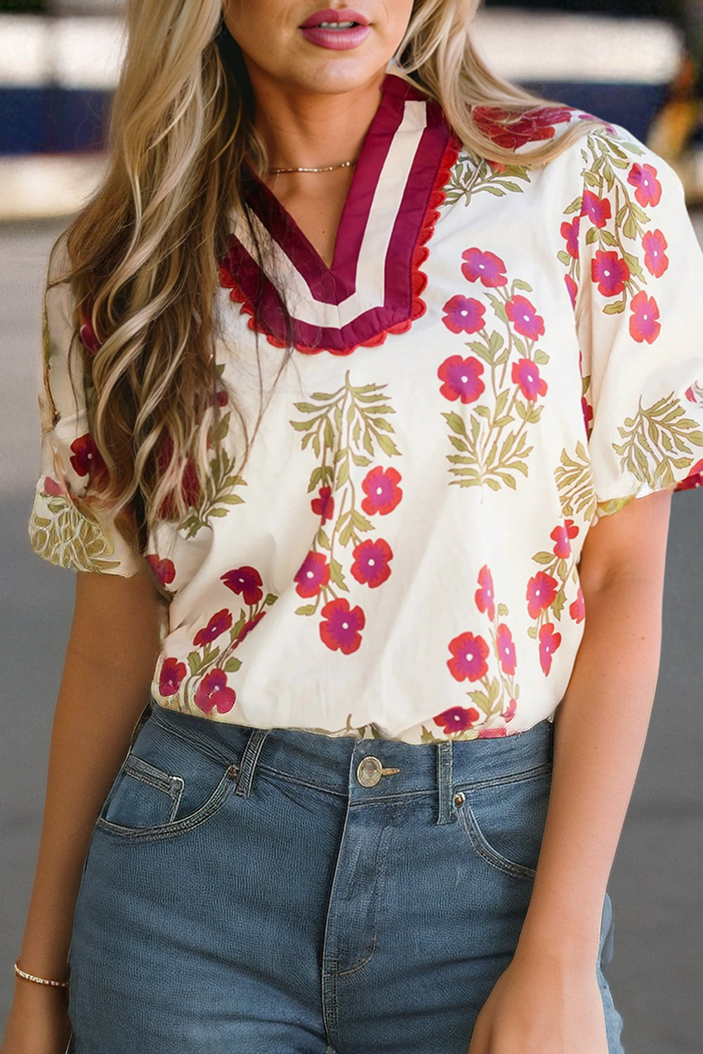 Floral Short Bubble Sleeve Contrast Plus Size Top (S-4X): White / L