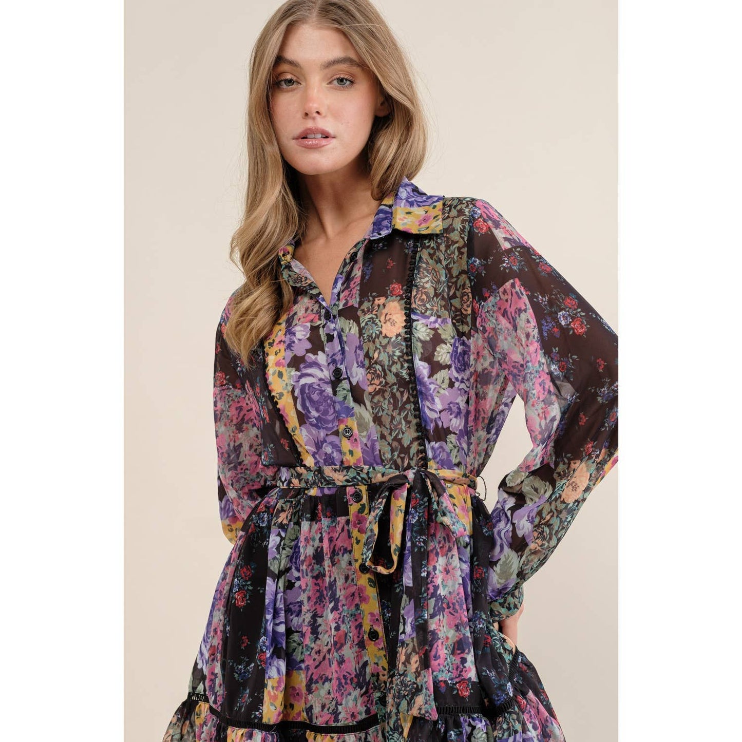 FLOWER PRINT LONG SLEEVE SHIRT DRESS: Blush Multi / S