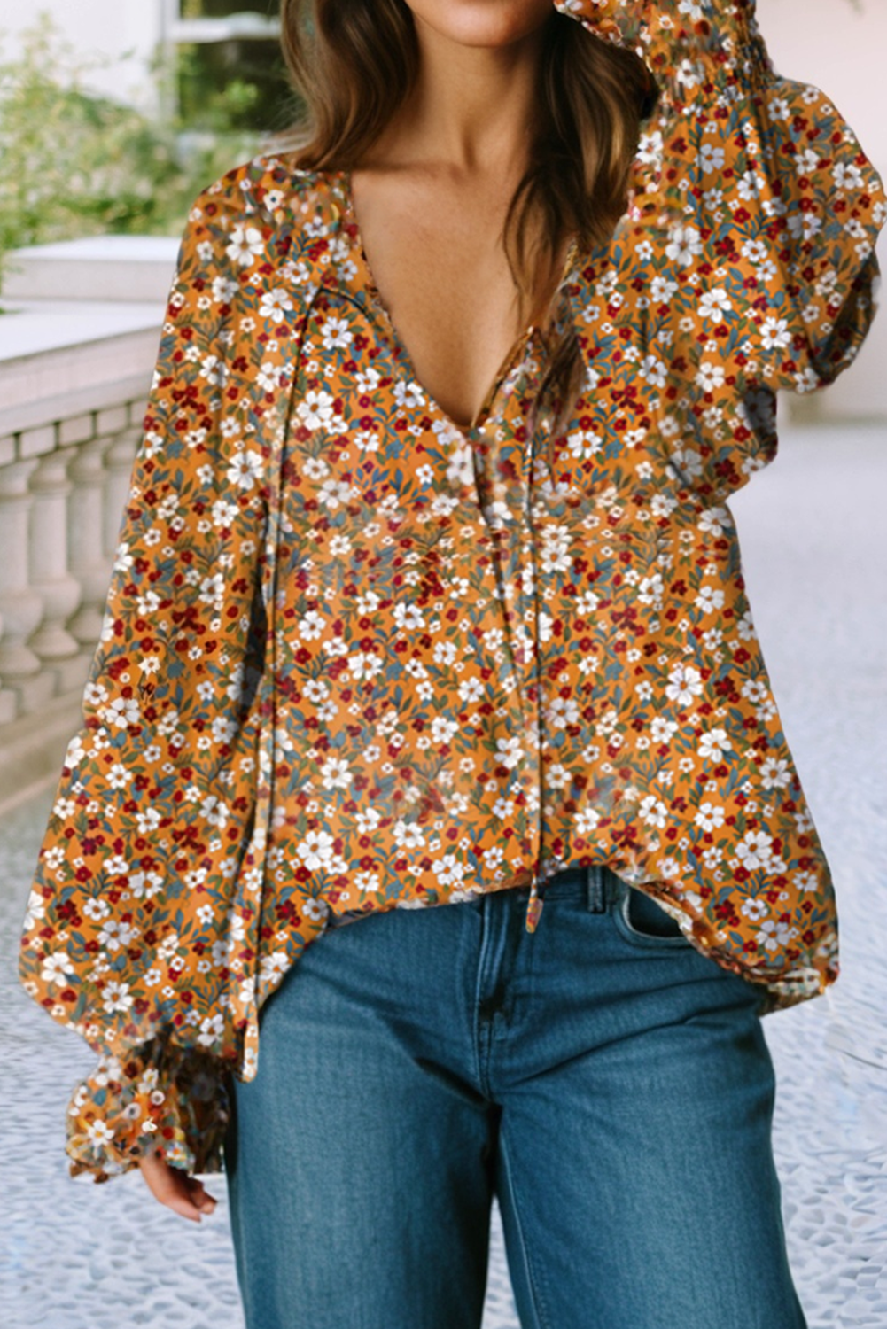 Boho Floral Ruffled Bubble Sleeve V Neck Fall Blouse