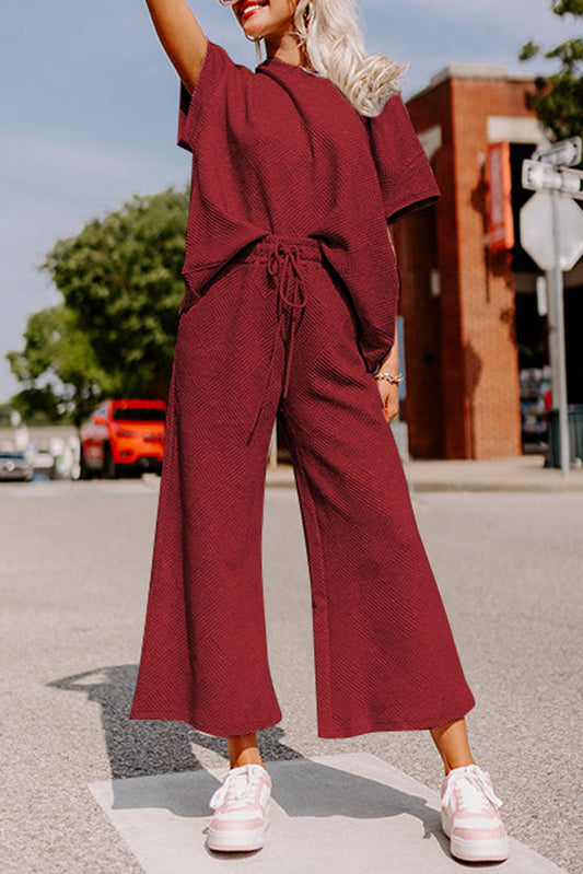 Red Dahlia Textured Loose Fit Shirt and Drawstring Pants Set